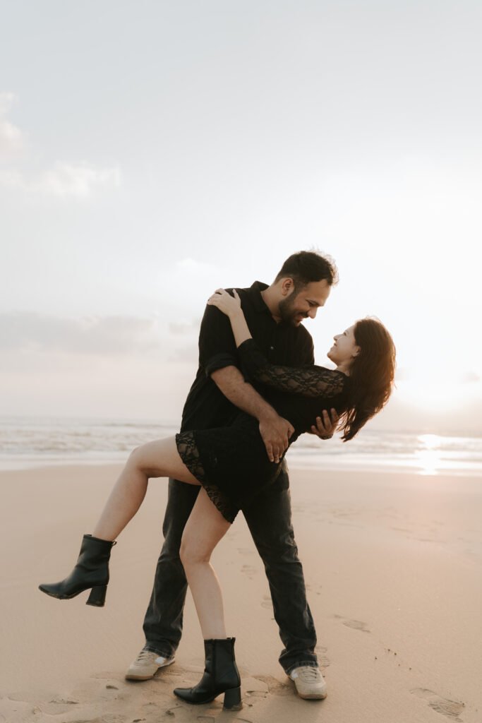 Candid close-up of a couple smiling together during a pre-wedding shoot in Diu.