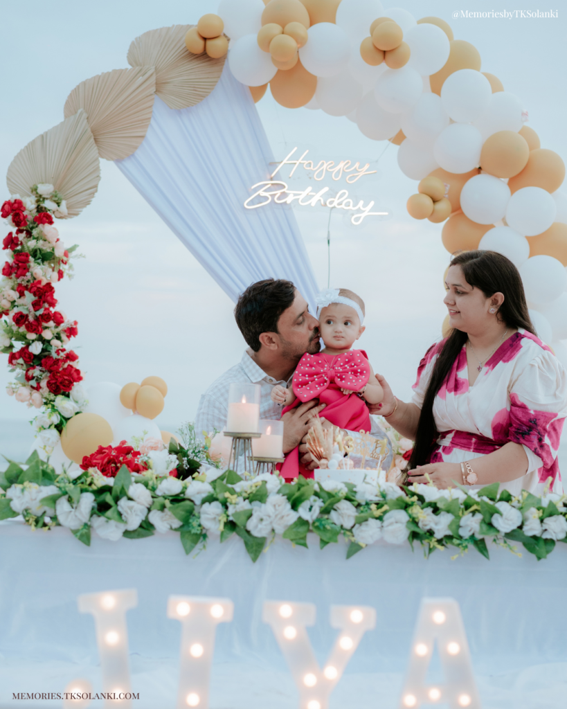 Family birthday photography in Diu during a first birthday celebration by the sea