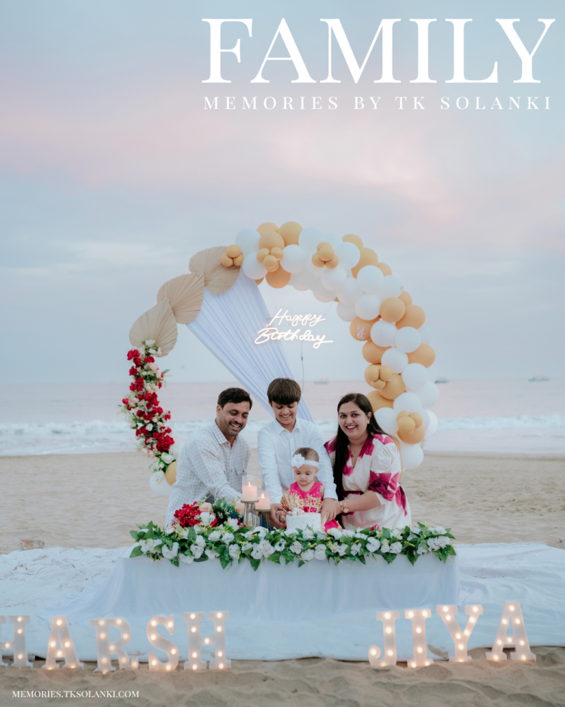 First birthday celebration at Diu Beach with family and beach birthday decoration